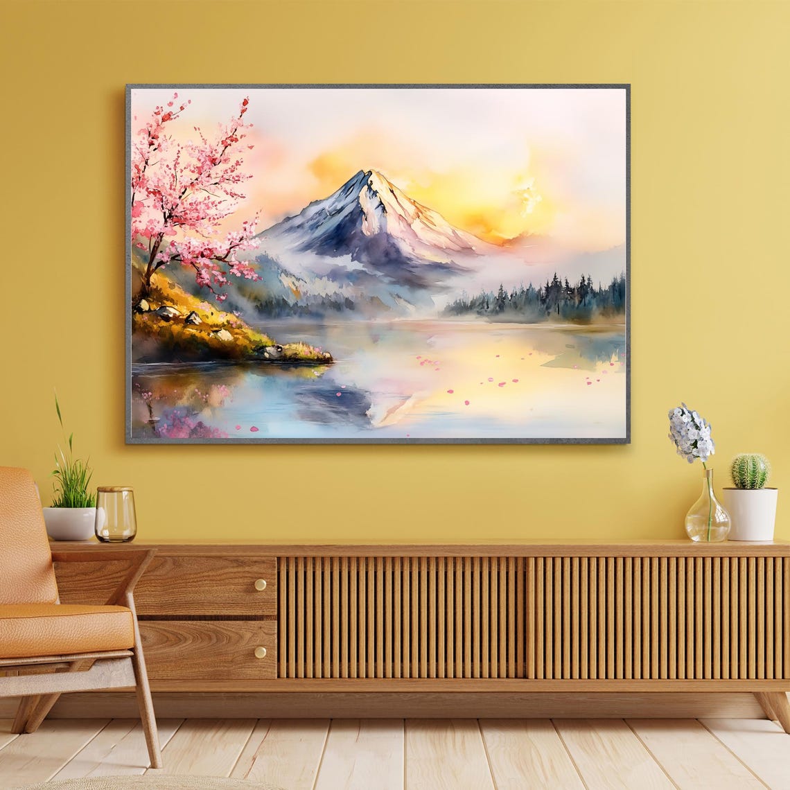 Mount Fuji Cherry Blossom Sunrise Watercolor Lake Landscape Wall Art
