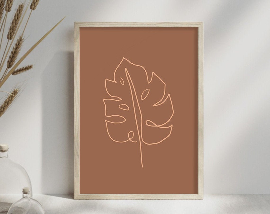 Terracotta Monstera Leaf Line Art Minimal Botanical Wall Poster - Image 2