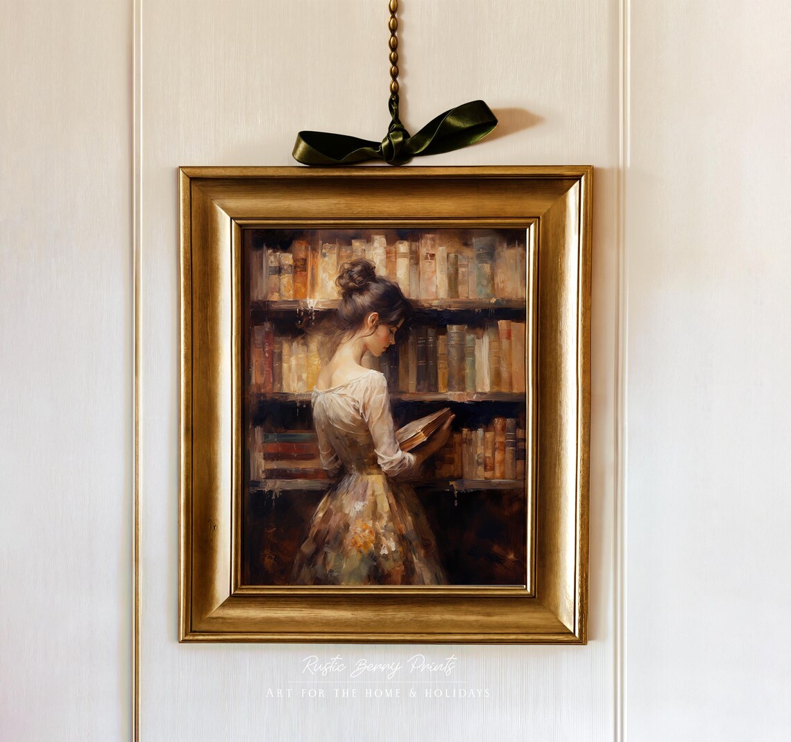 Woman Reading In Vintage Library Oil Painting Warm Academia Wall Art Print