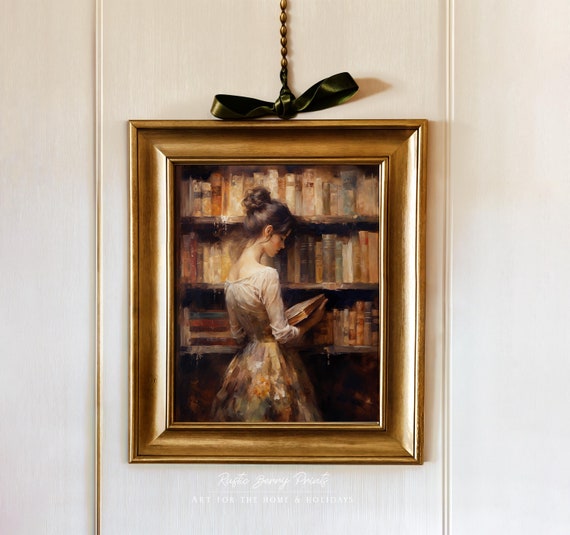 Woman In Library Oil Painting Wall Art Old Books Vintage Style Art Home Decor Study Instant