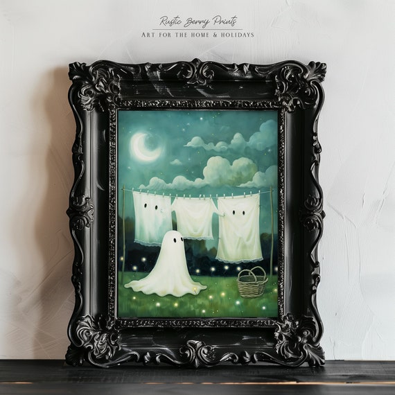 Cute Ghost Laundry Art Print Wall Art Halloween Decor Vintage Print Spooky Ghost Painting Instant