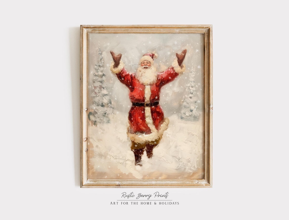 Joyful Santa Claus Arms Raised Snowy Pines Falling Snow Holiday Poster