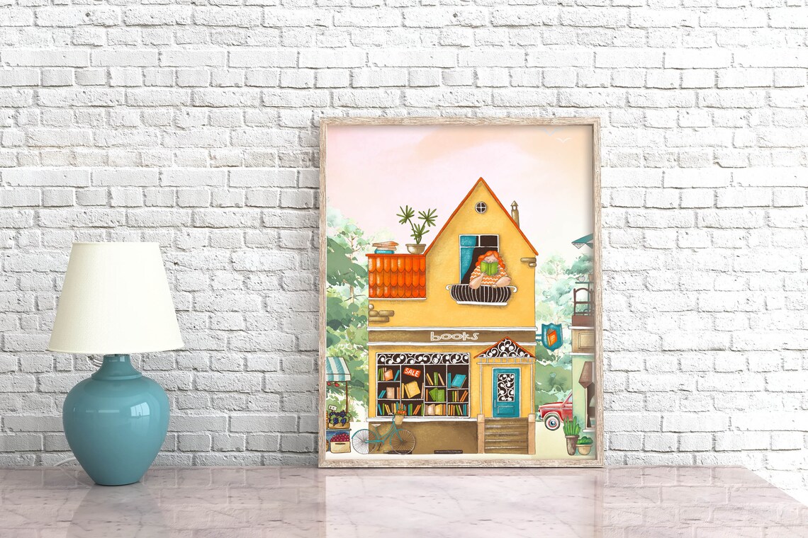 Whimsical Bookshop Watercolor Reader Upstairs Window Sale Sign Book Lover Poster - Image 2