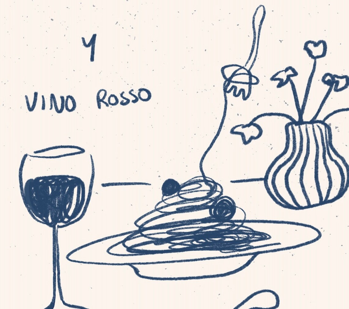 Pasta and Red Wine Line Painting Kitchen Art Print - Image 3