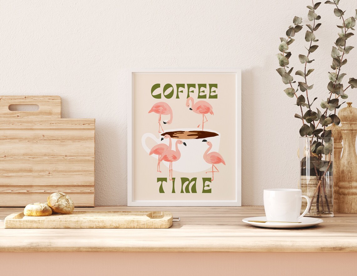 Flamingos and Coffee Retro Art Print, Kitchen Wall - Image 3
