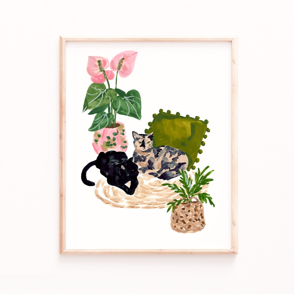 Cats Art Print, Two Cats And Plants Poster
