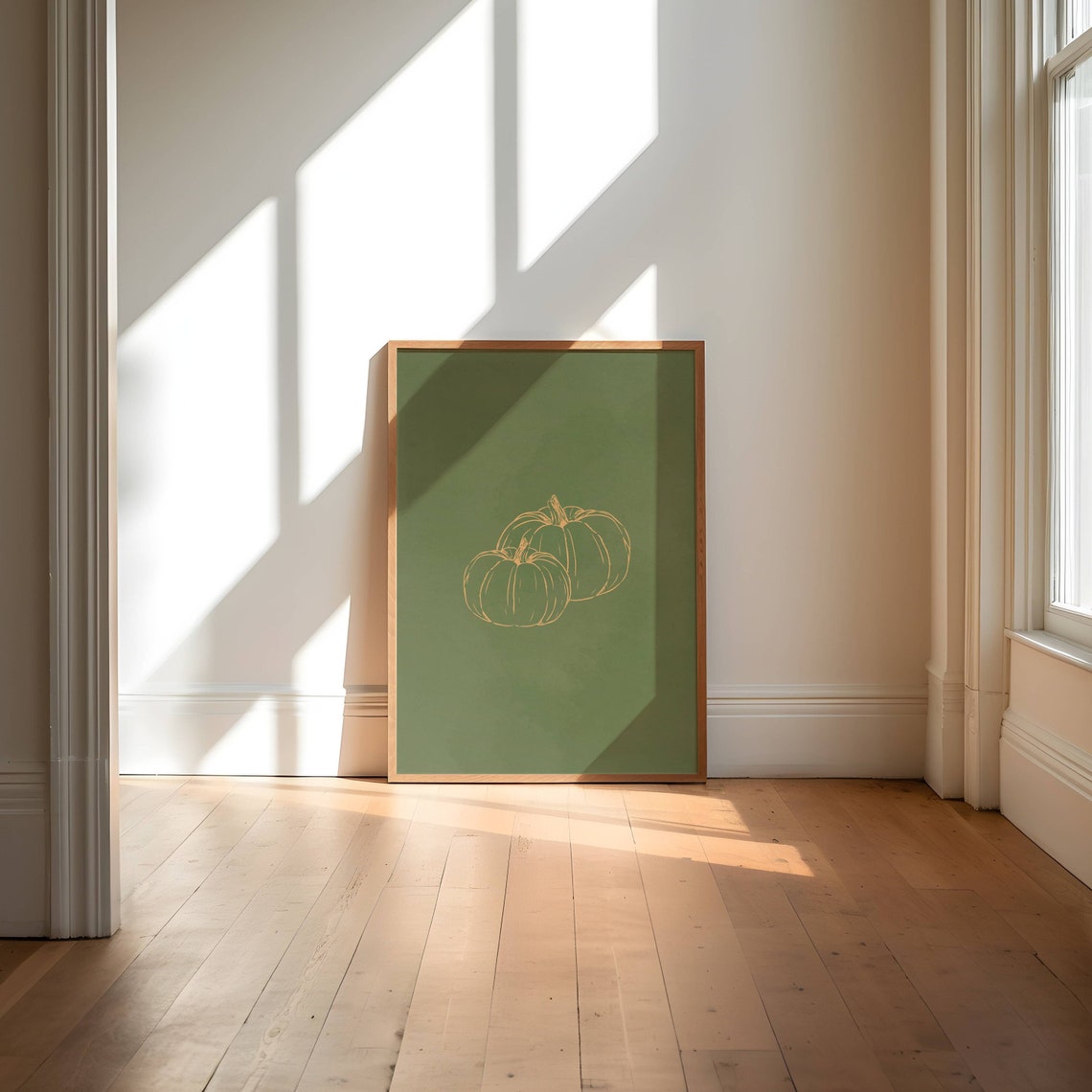 Minimalist Gold Pumpkin Line Art Sage Green Fall Wall Decor Poster