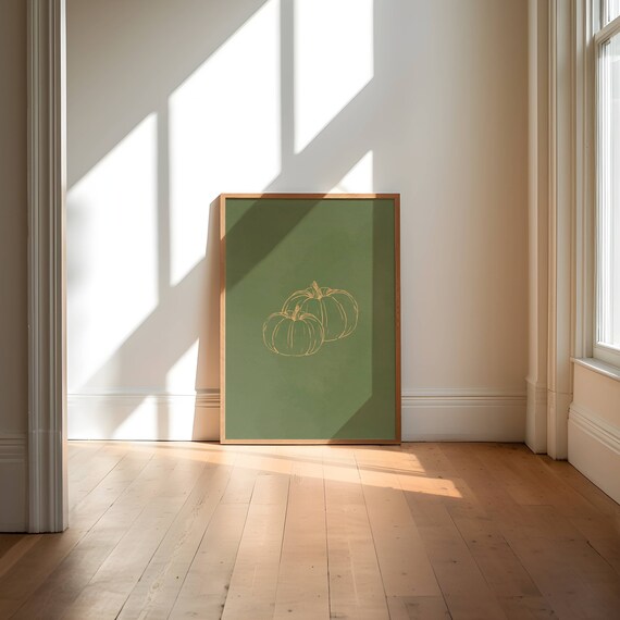 Minimalist Gold Pumpkin Line Art Sage Green Fall Wall Decor Poster