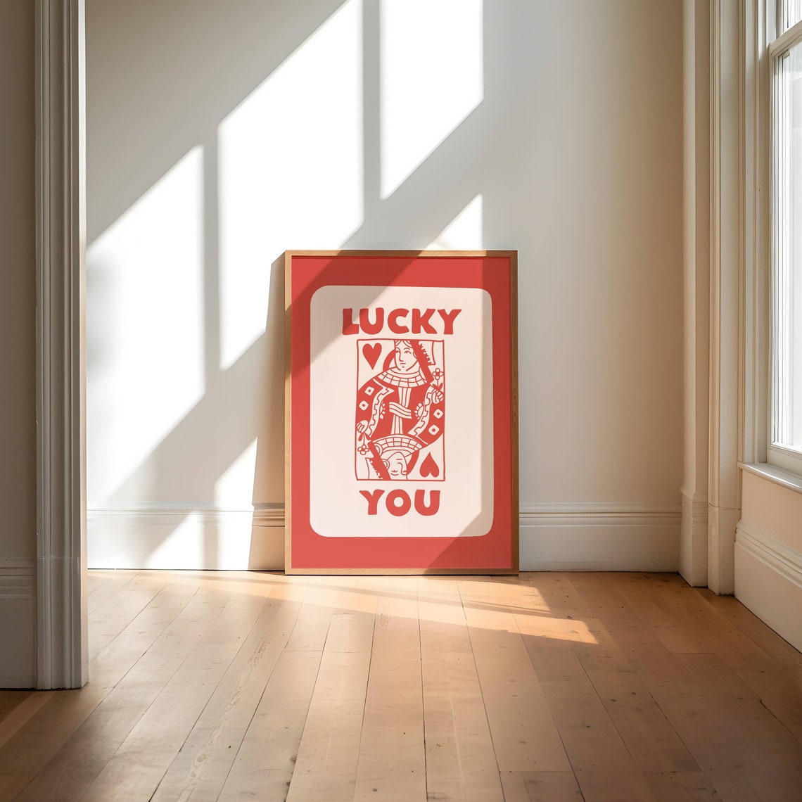 Lucky You Retro Red Queen of Hearts Playing Card Style Art Poster