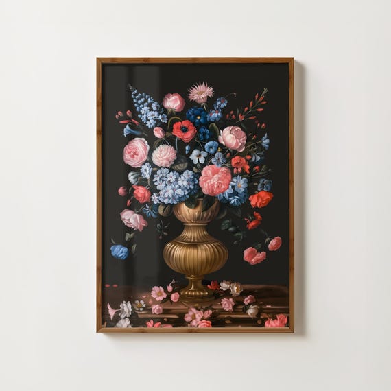 Moody Flowers Painting Vase Of Flowers Print Pink Blue Floral Decor Gothic Wall Art Dark Academia Print Antique Painting Dark Flower Prints