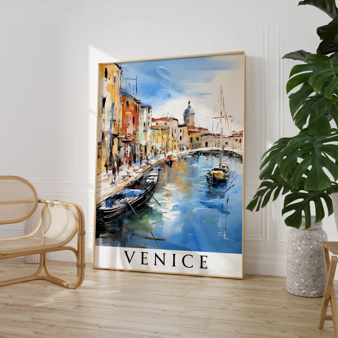 Venice Canal Moored Boats Watercolor Serene Cityscape Travel Poster - Image 4