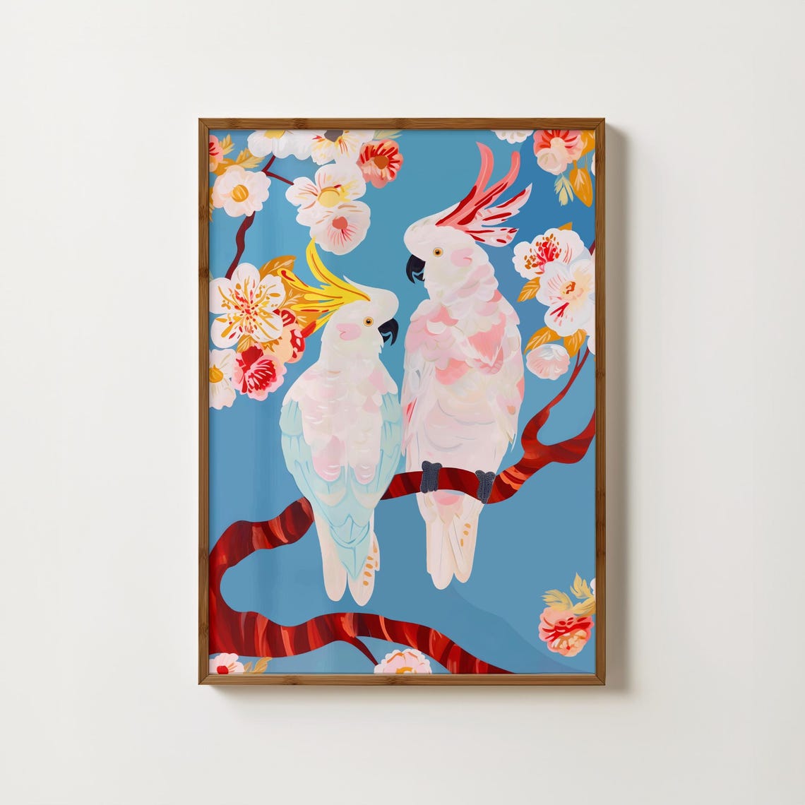 Two Cockatoos on a Red Branch Among Blossoms Blue Art Poster