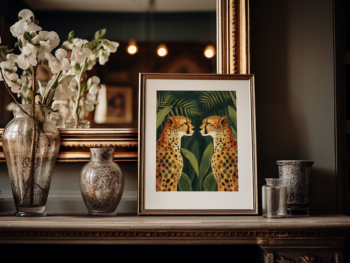Two Cheetahs Facing Each Other Dark Jungle Leaves Art Poster - Image 3