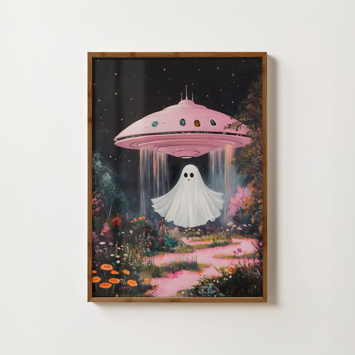 Smiling Ghost Under Pink UFO In Flower Garden Night Scene Poster