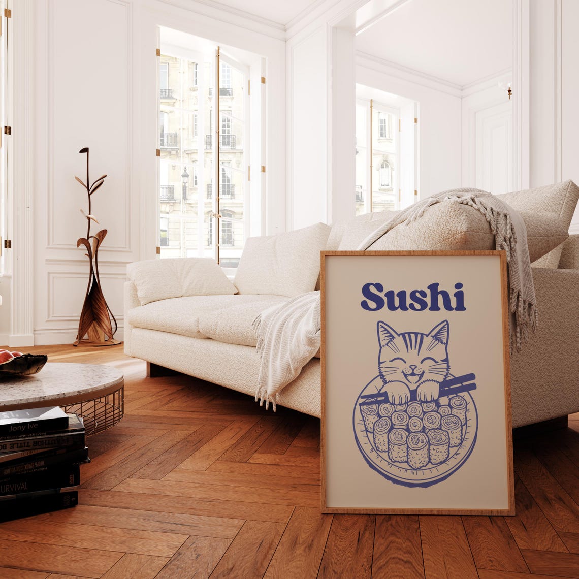 Sushi Cat With Chopsticks Cute Blue Line Illustration Kitchen Poster - Image 2