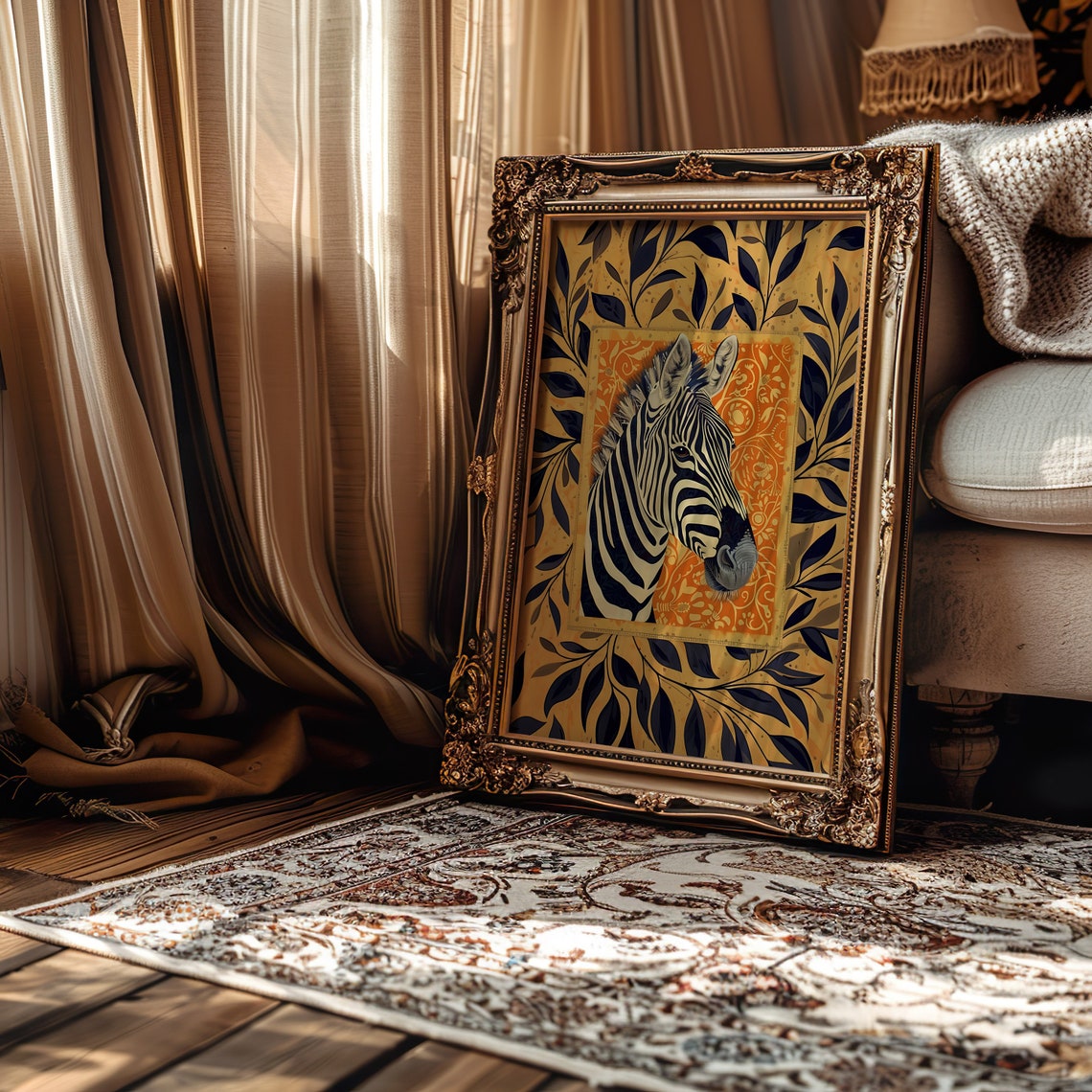 Zebra Head Portrait Against Orange Ornate Floral Panel Art Print - Image 2