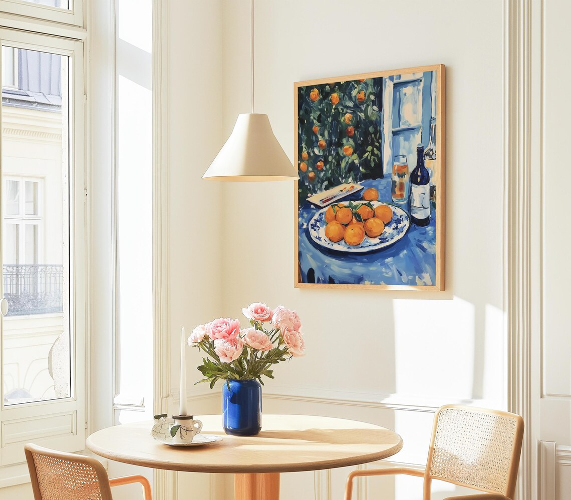 Mediterranean Oranges Print Breakfast Dining Print Dinner Table Print Citrus Fruit Painting Blue Kitchen Prints Food Art Kitchen Wall Art - Image 3