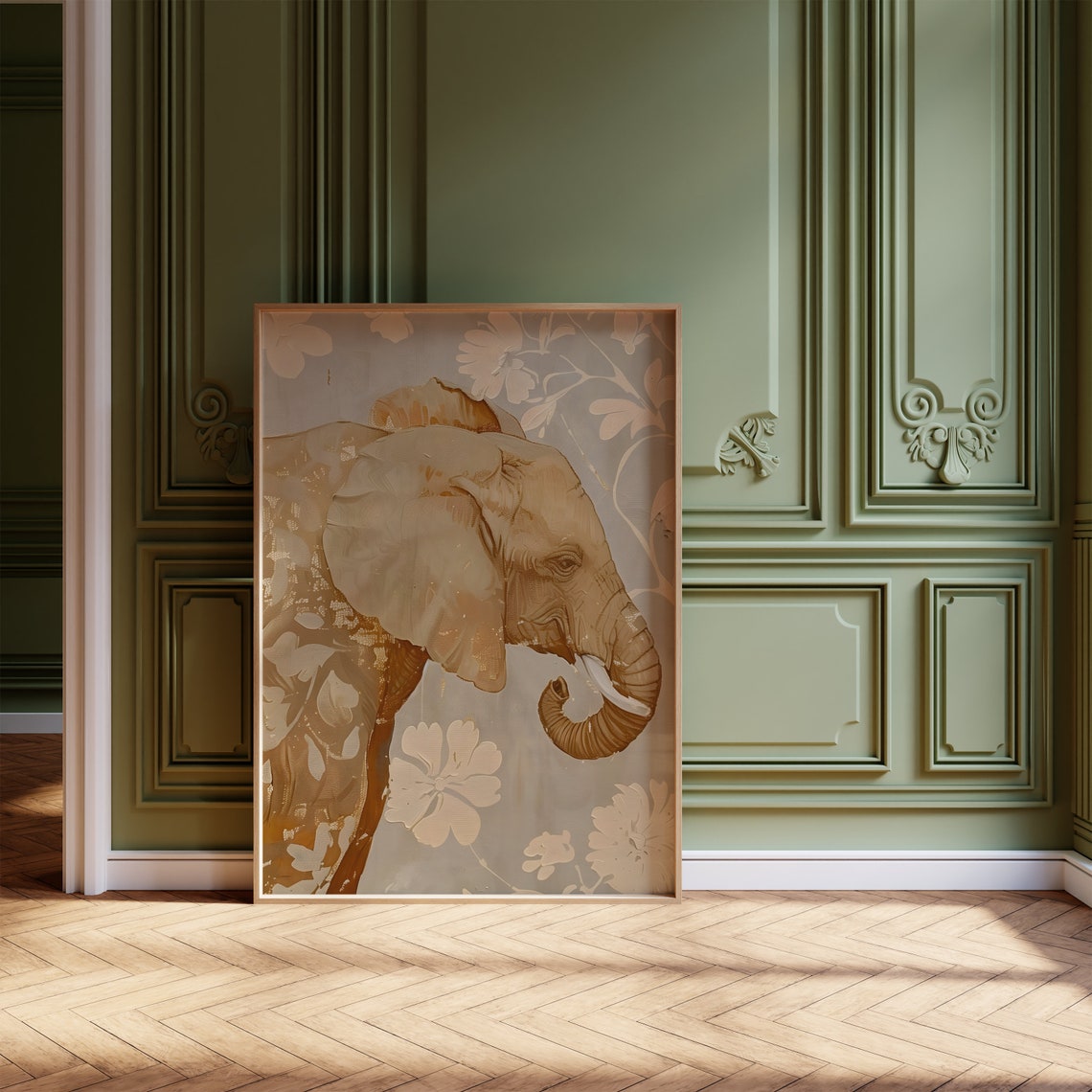 Golden Elephant Profile Painting with Cream Floral Detail Poster - Image 3