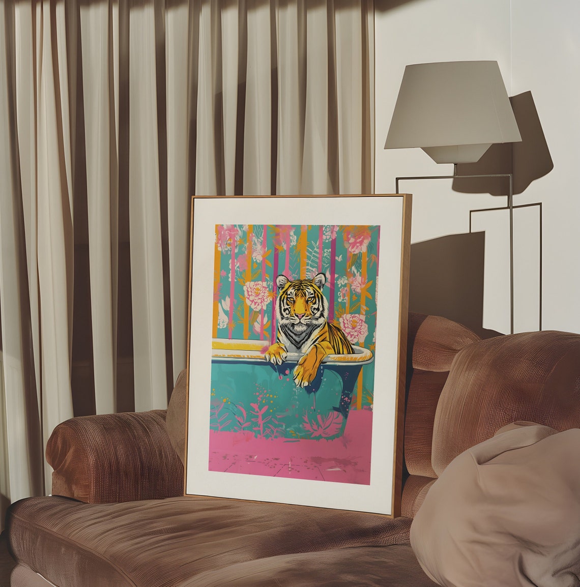 Tiger Relaxing in a Teal Bathtub Maximalist Pink Bathroom Poster - Image 2