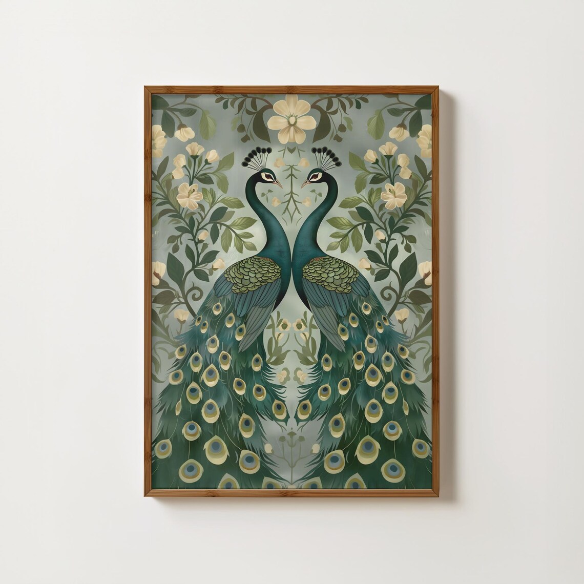 Mirrored Pair Of Peacocks Among Cream Blossoms Botanical Art Poster
