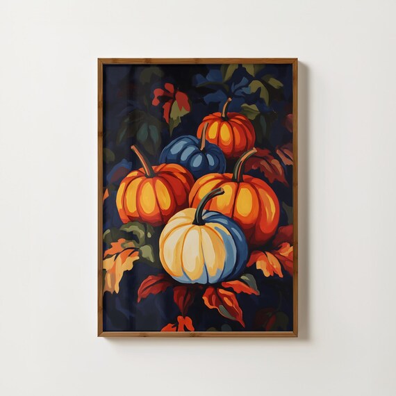 Autumn Pumpkin Patch at Night Blue Orange Harvest Art Poster