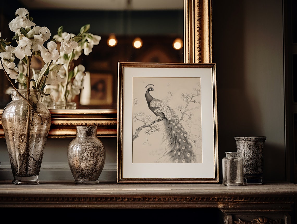 Peacock Perched On Blossom Branch Japanese Ink Wash Style Poster - Image 3