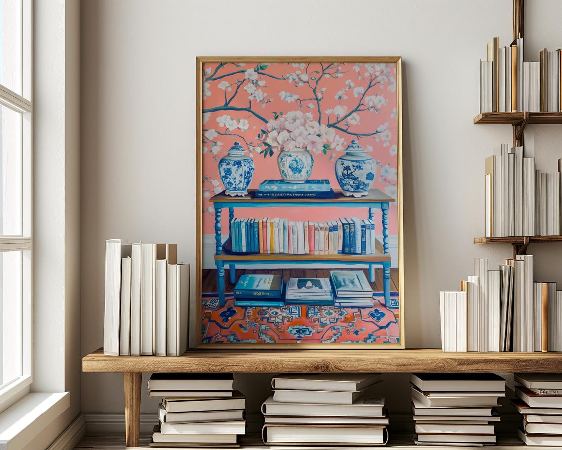 Chinoiserie Bookshelf With Ginger Jars Coral Blossom Art Print - Image 4