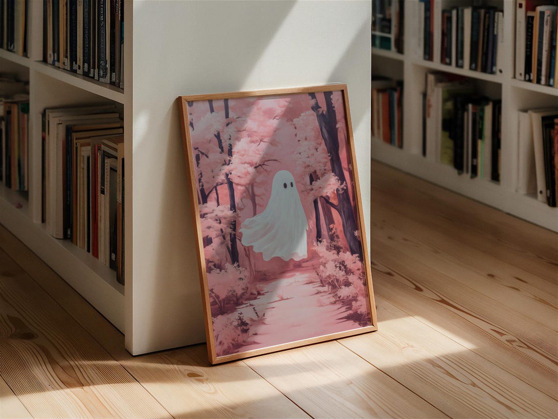 Cute Little Ghost Floating In A Pink Cherry Blossom Forest Poster - Image 2