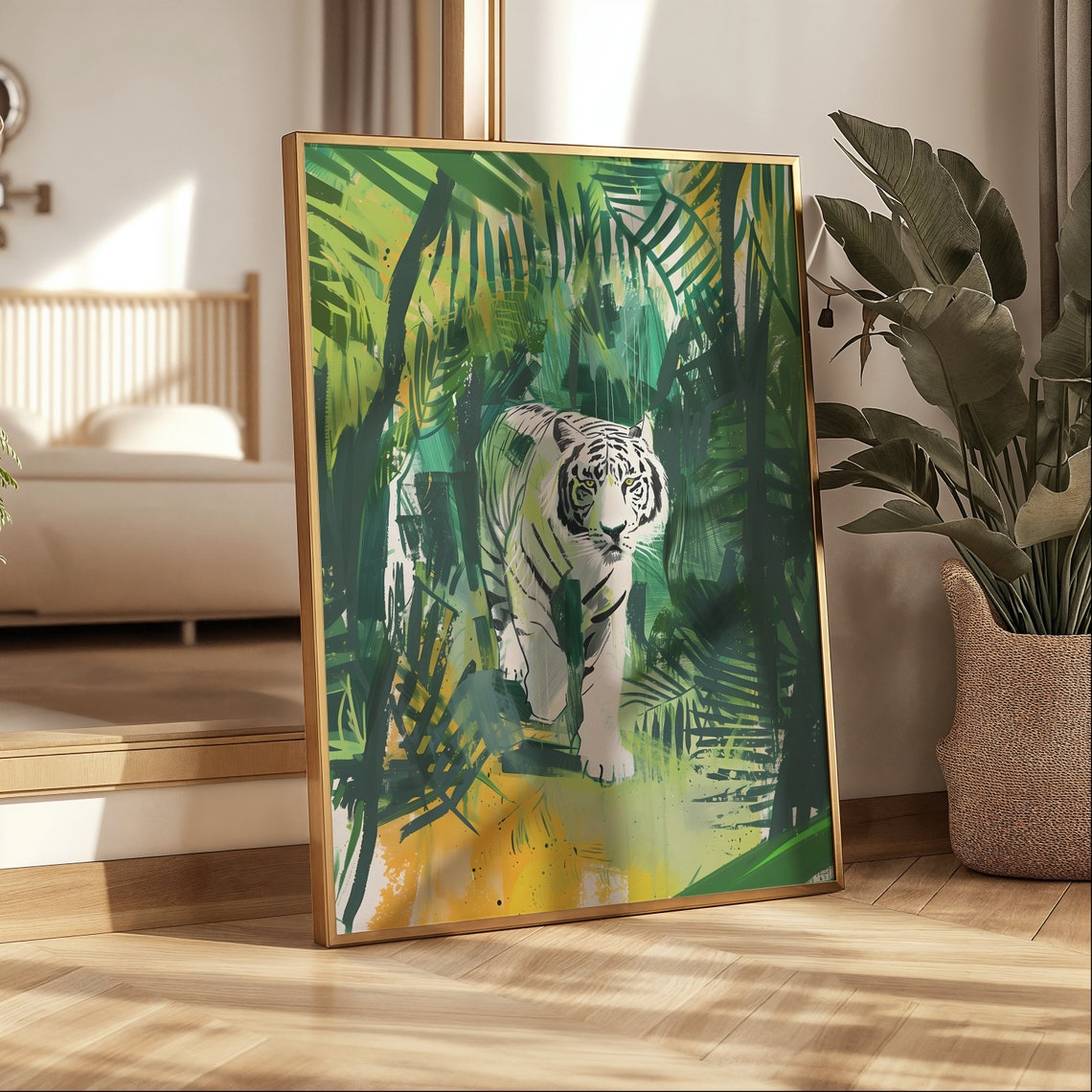 White Tiger Green Jungle Botanical Leaves Big Cat Wall Art Decor - Image 3