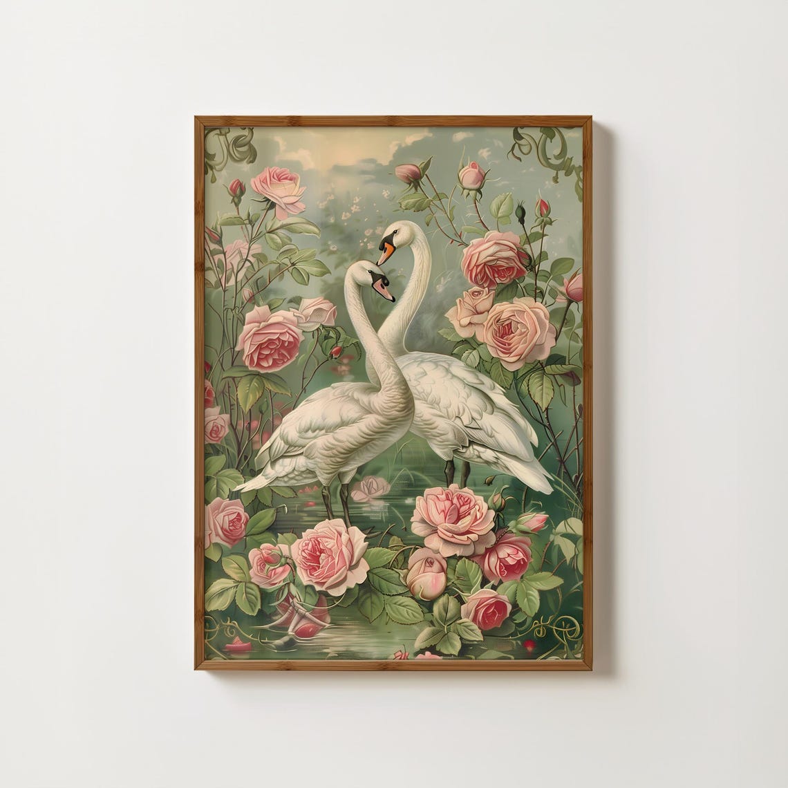 Two Swans Among Pink Roses Vintage Romantic Botanical Art Poster
