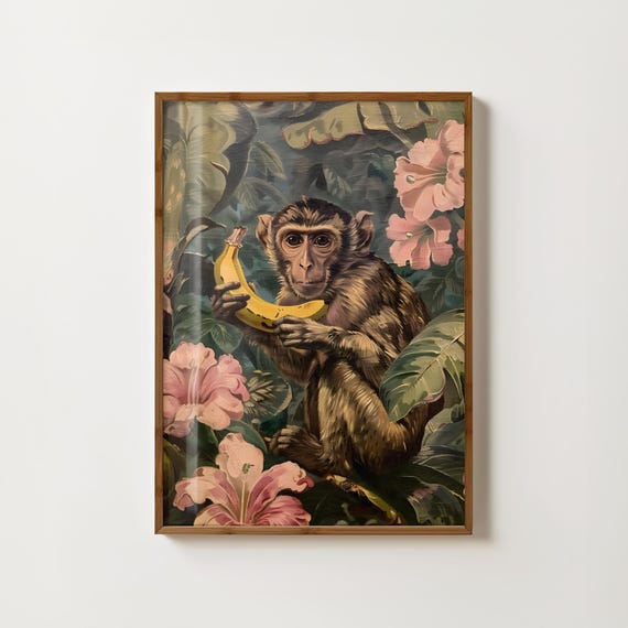Monkey With Banana Vintage Jungle Art Print