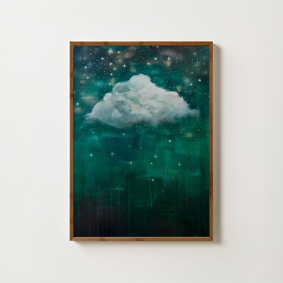 Starry Cloud Print Vintage Cloud Painting Night Sky Wall Art Trendy Cloud Poster Dark Academia Art Antique Gothic Decor Green Silver Artwork