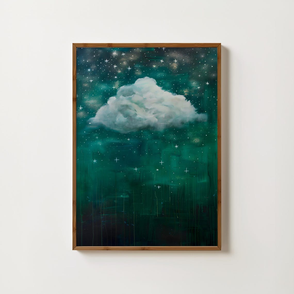 Beautiful Starry Teal Night Sky with a Glowing White Cloud Poster