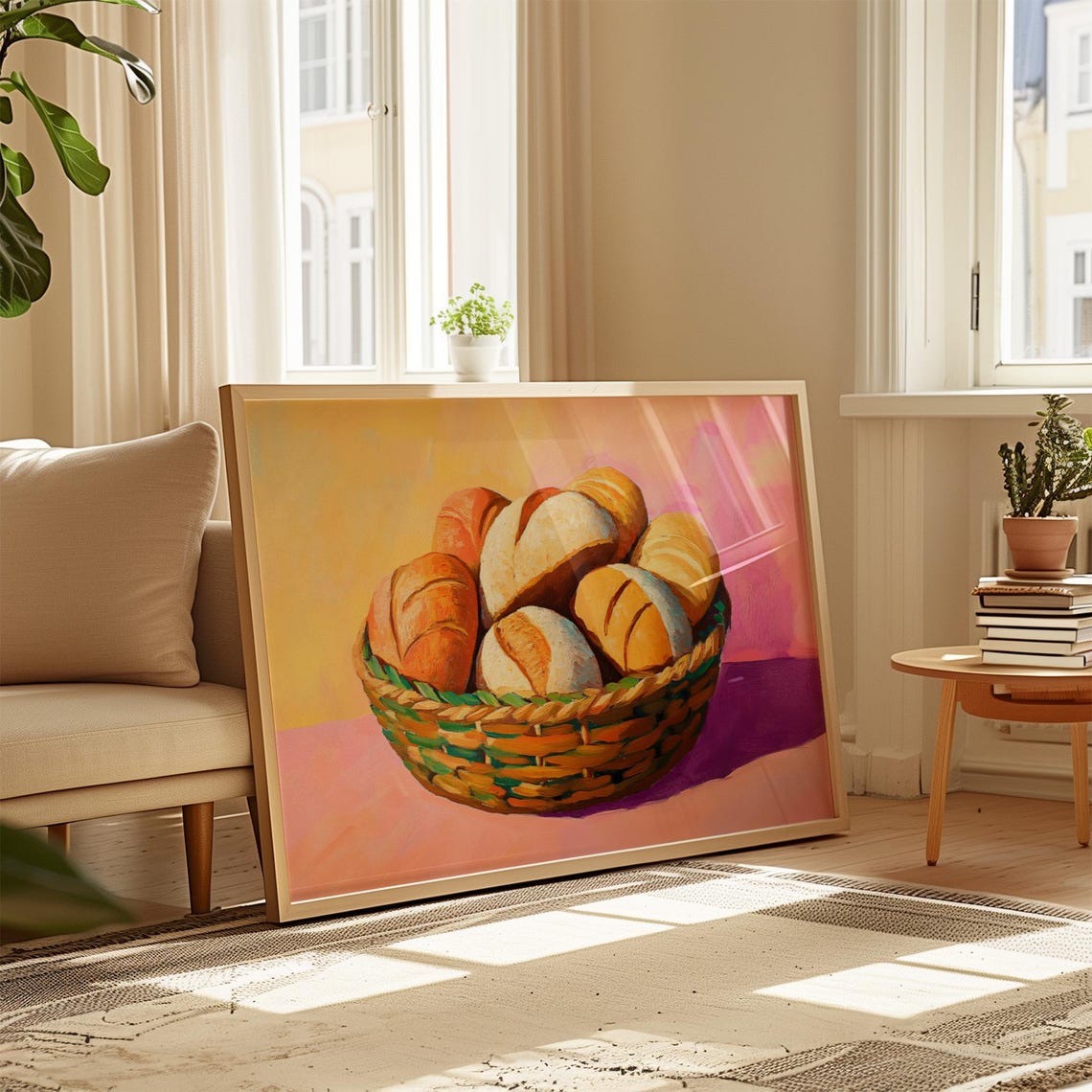Woven Basket Of Fresh Golden Bread Rolls On Pink Background Poster - Image 2
