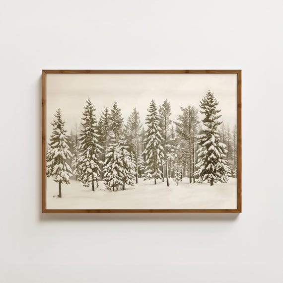 Vintage Pine Tree Winter Forest Art Print, Christmas Decor