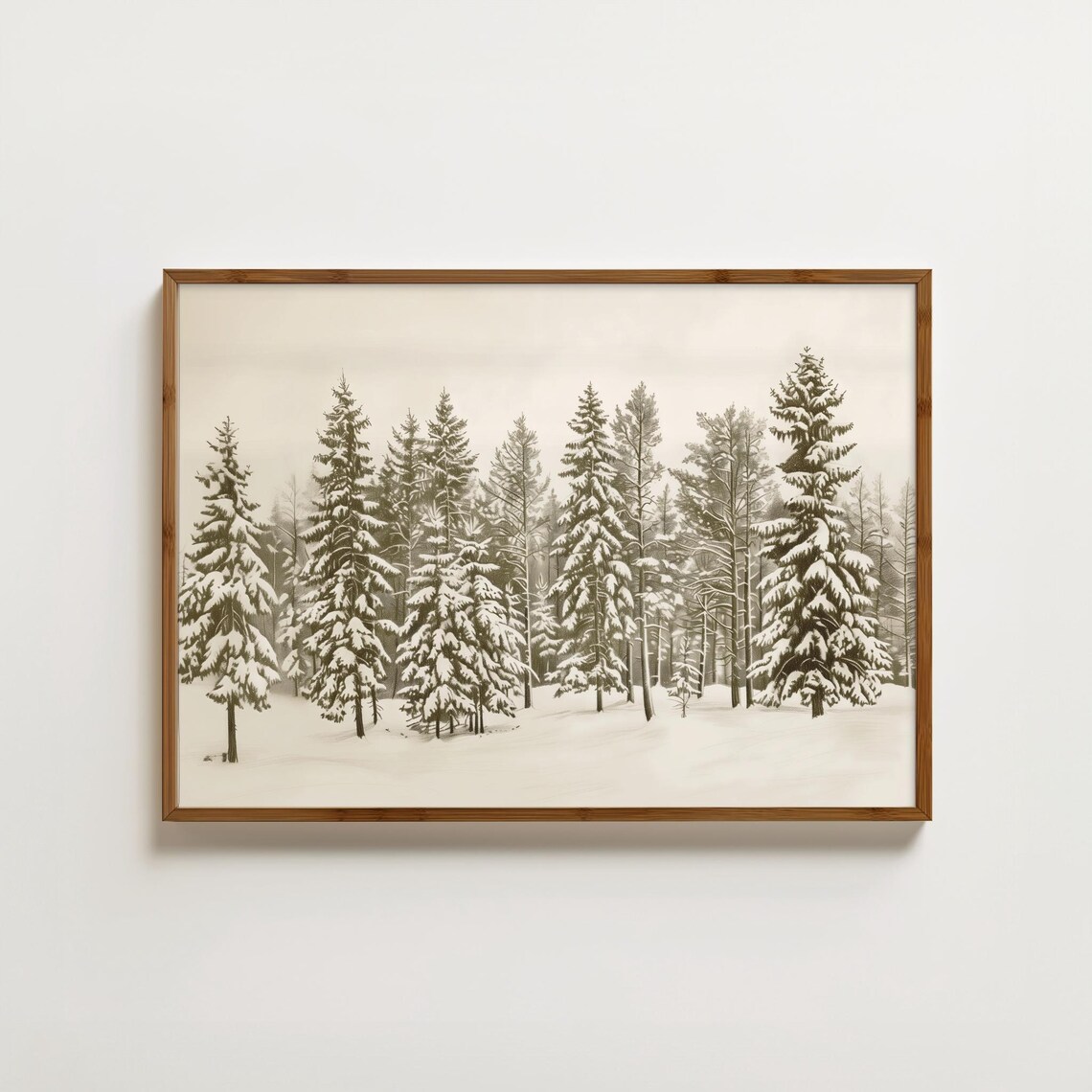 Vintage Pine Tree Winter Forest Art Print, Christmas Decor
