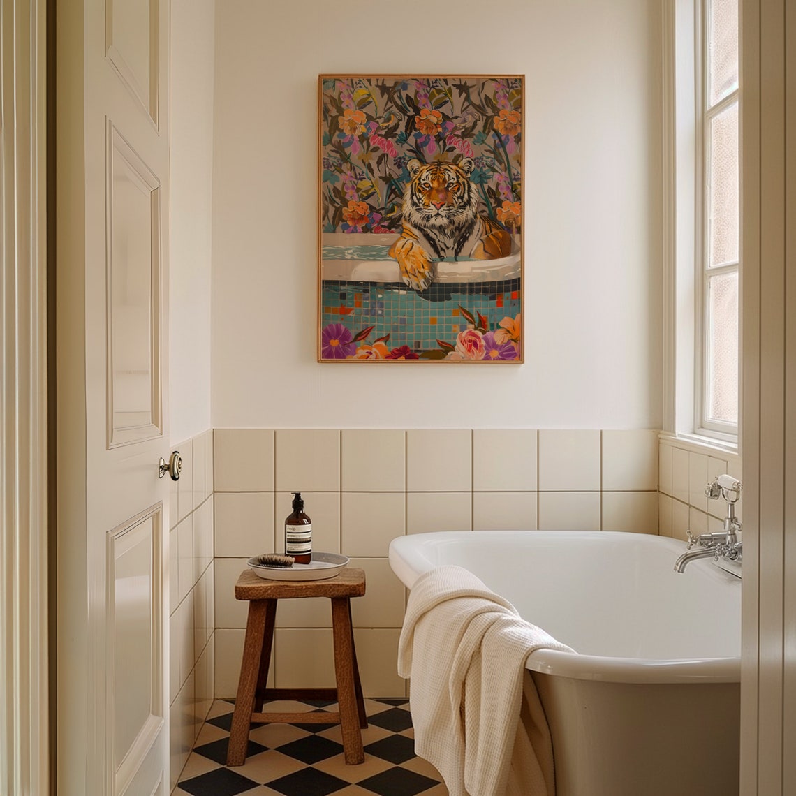 Tiger Relaxing in a Bathtub With Floral Wallpaper Whimsical Poster - Image 4