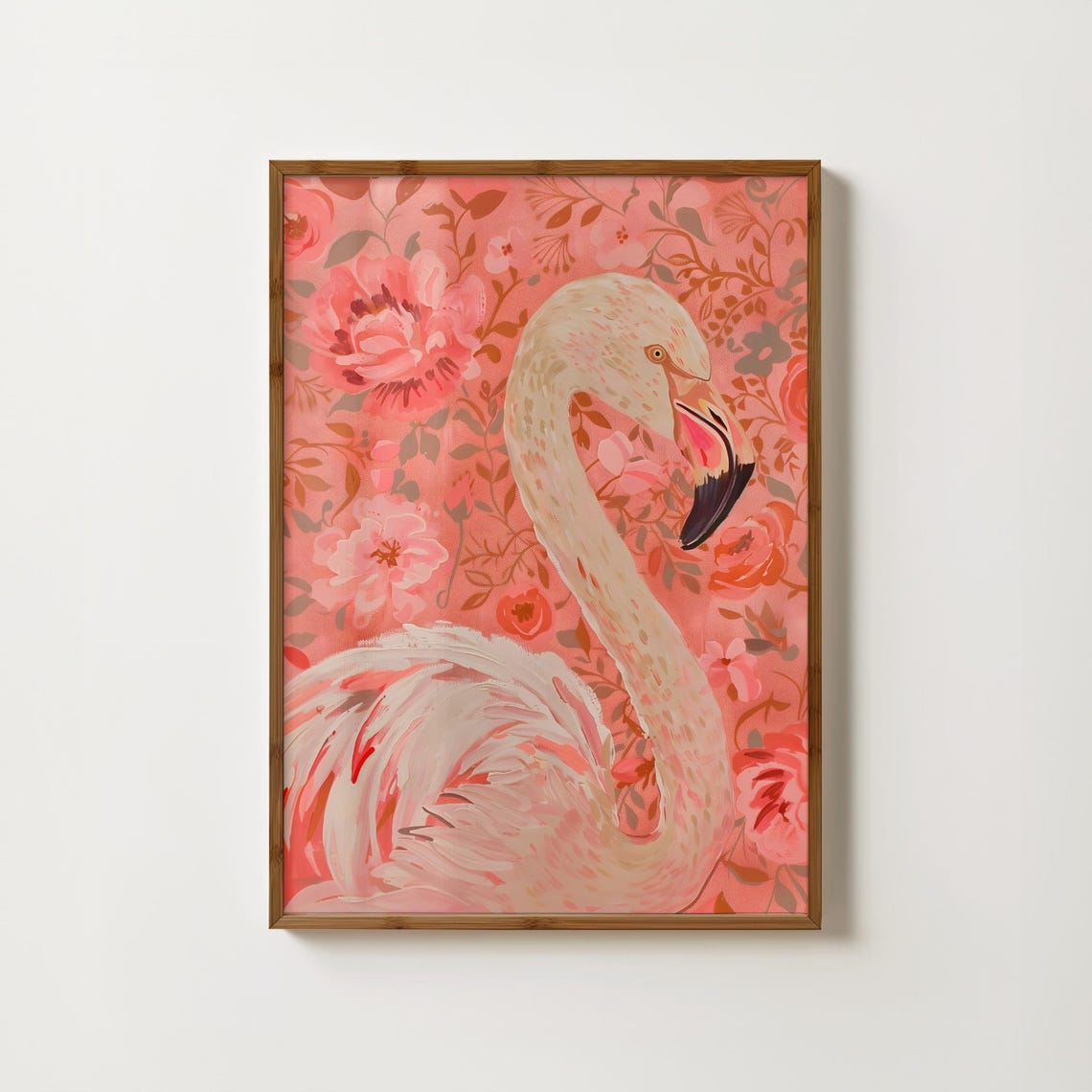 Floral Pink Flamingo Print Flamingo Wall Art Neon Flamingo Poster Exotic Bird Painting Pink Flamingo Illustration Tropical Animal Prints