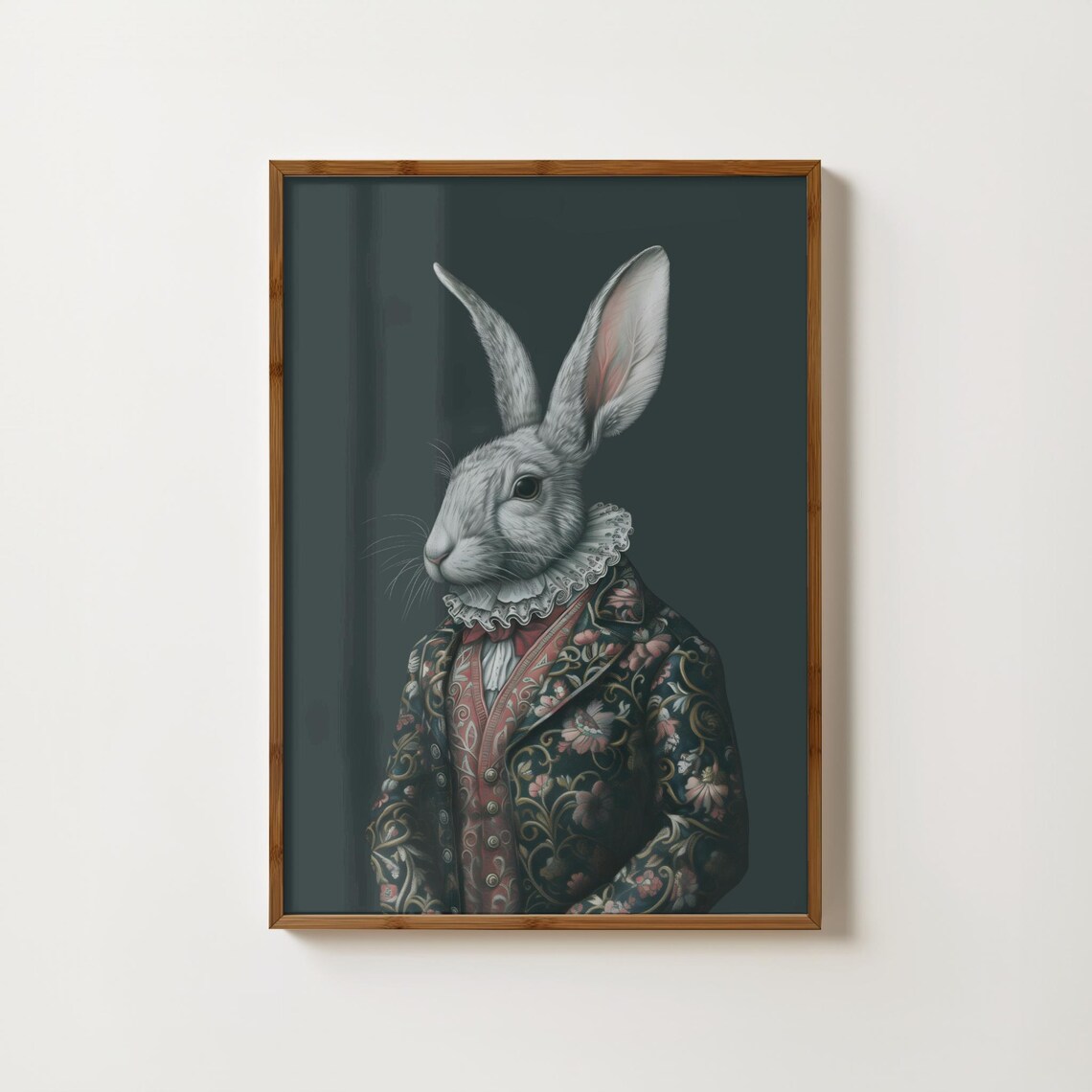 Victorian Rabbit in Brocade Jacket Moody Animal Portrait Poster