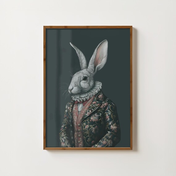 Victorian Rabbit in Brocade Jacket Moody Animal Portrait Poster