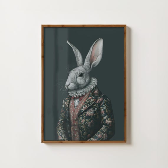 Victorian Rabbit Print Vintage Rabbit Portrait Moody Rabbit Wall Art Gothic Decor Dark Academia Poster Quirky Animal Print Eclectic Decor