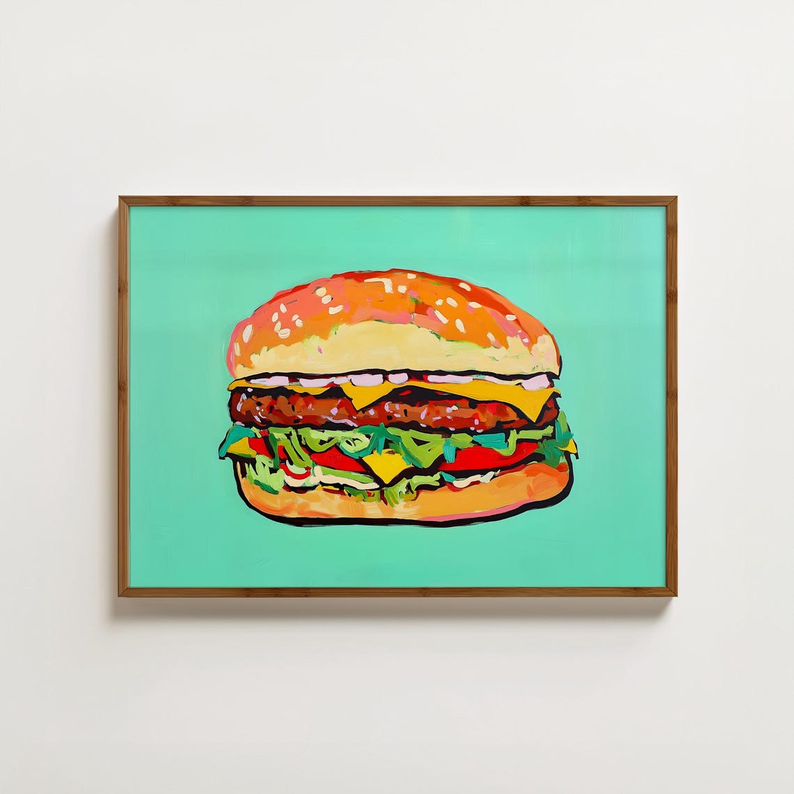 Double Cheeseburger Pop Art Food Painting On Mint Green Poster