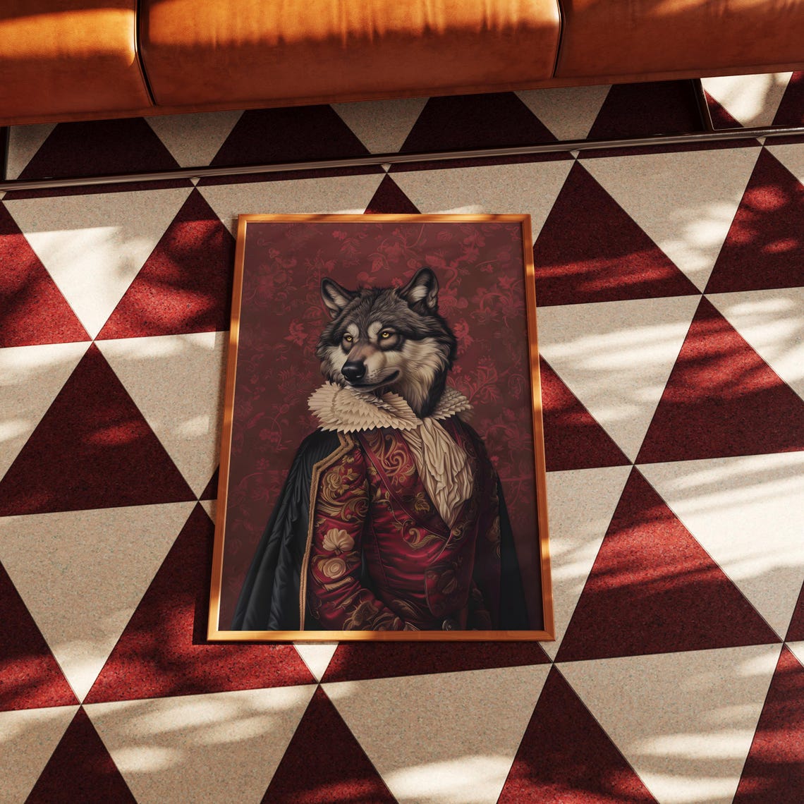 Noble Wolf In Renaissance Ruff Red Brocade Costume Portrait Poster - Image 2