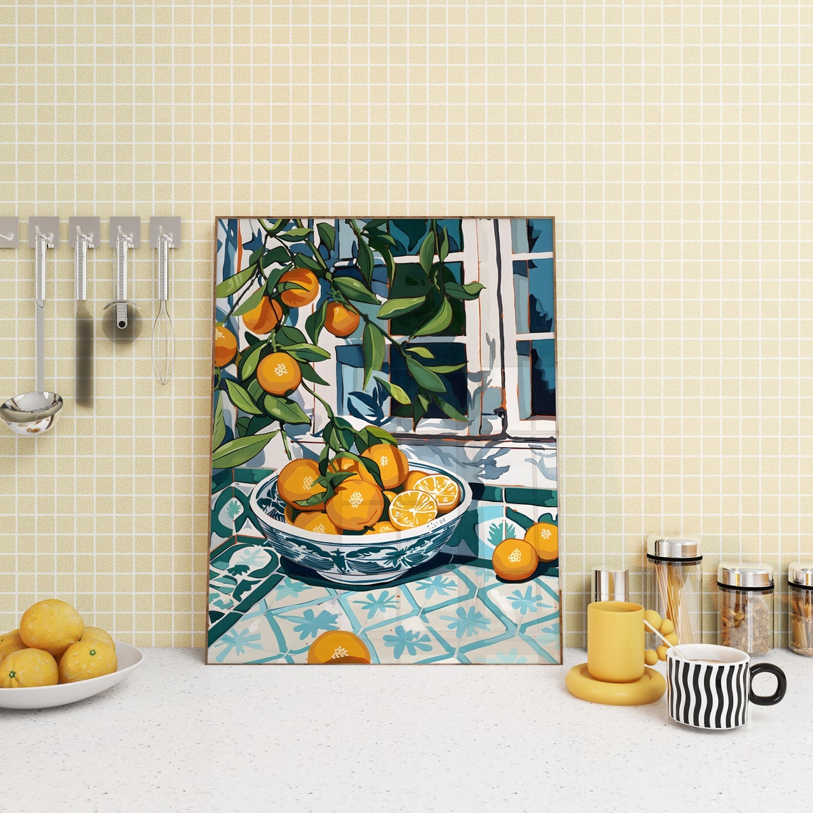 Bowl Of Oranges On Mediterranean Tile Kitchen Still Life Poster - Image 4
