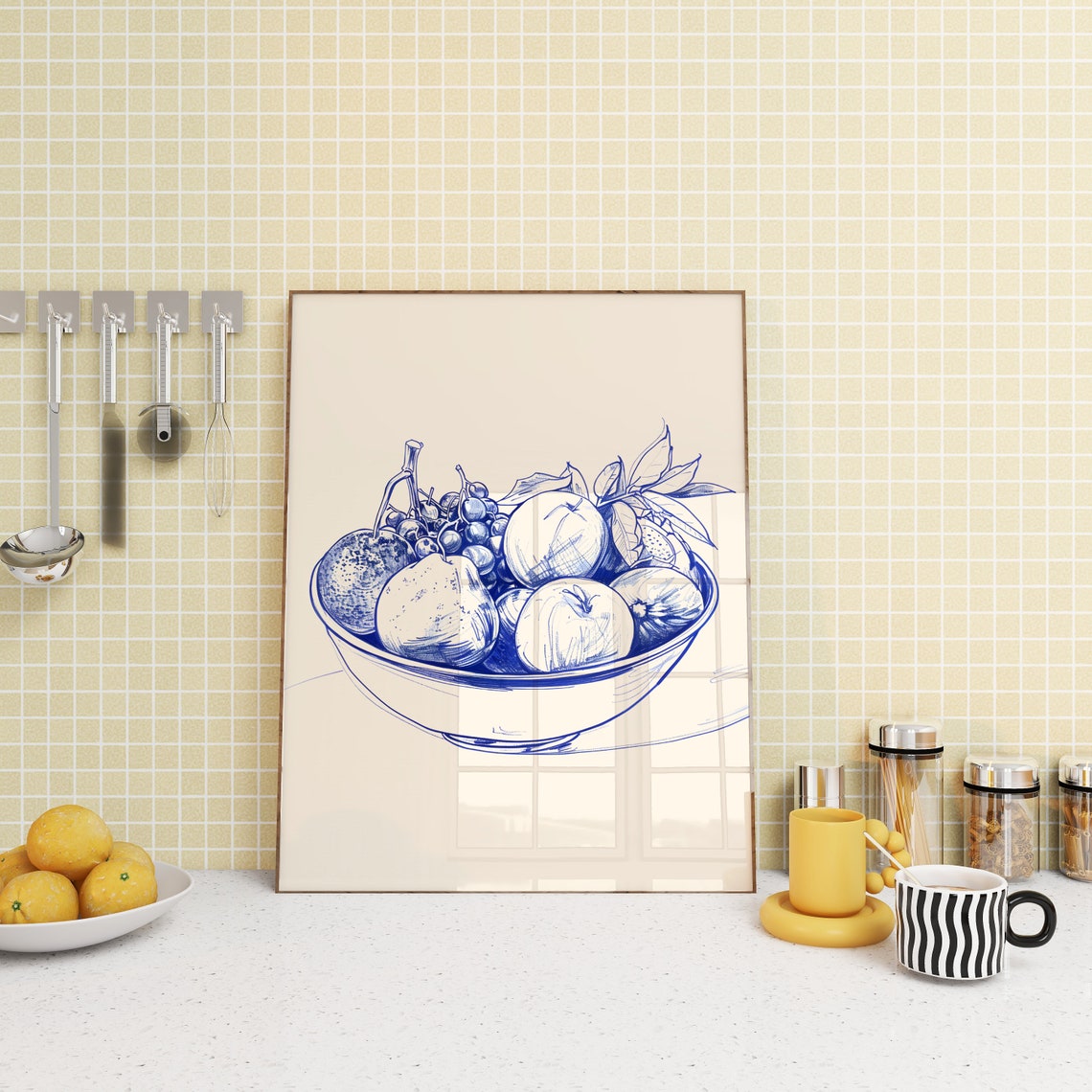 Blue Ink Fruit Bowl Sketch Kitchen Still Life Drawing Poster - Image 3