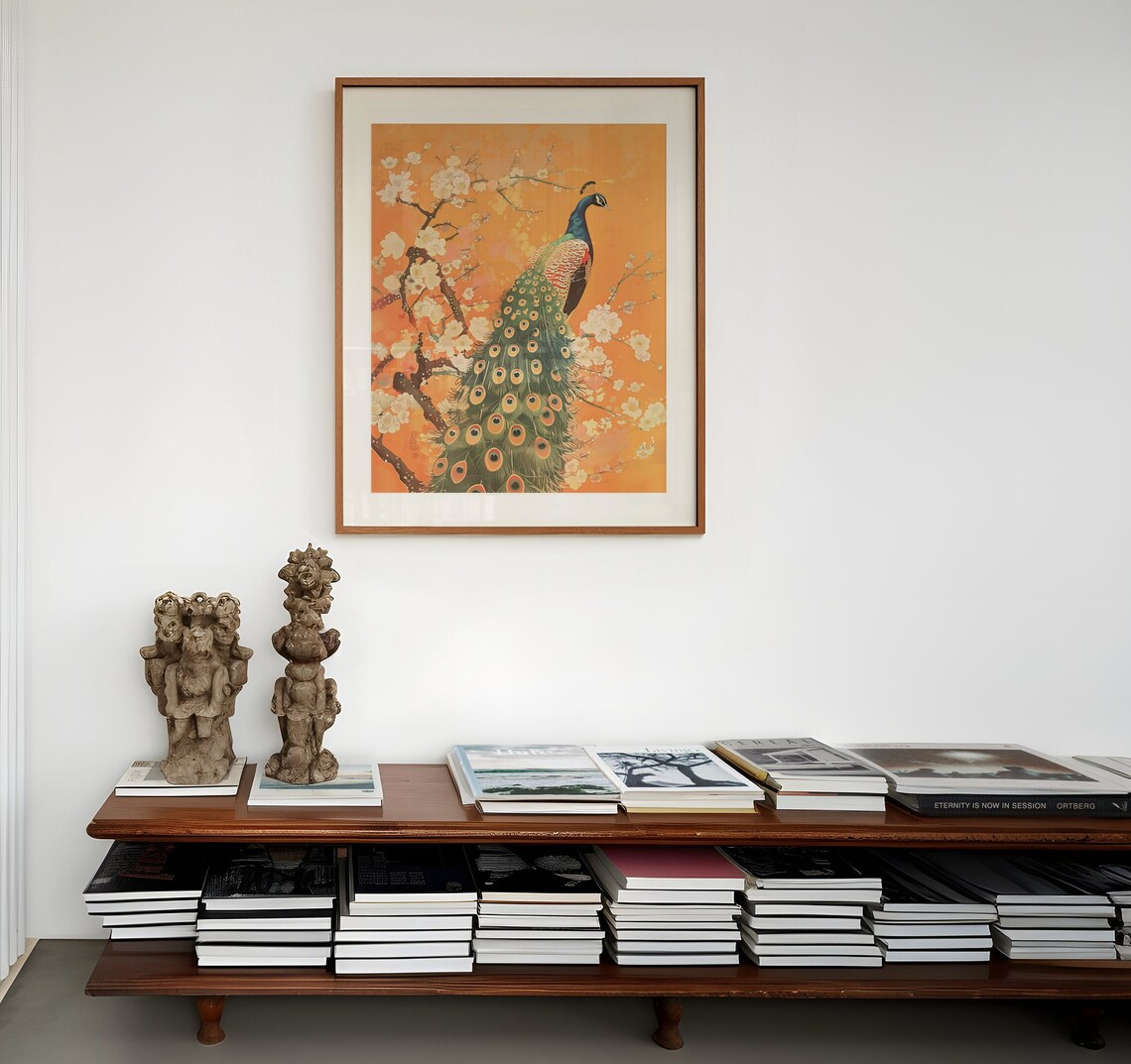 Orange Peacock Vintage Japanese Bird Art Print - Image 3