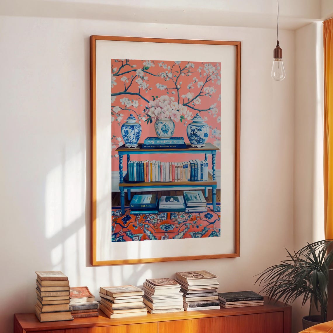Chinoiserie Bookshelf With Ginger Jars Coral Blossom Art Print - Image 2