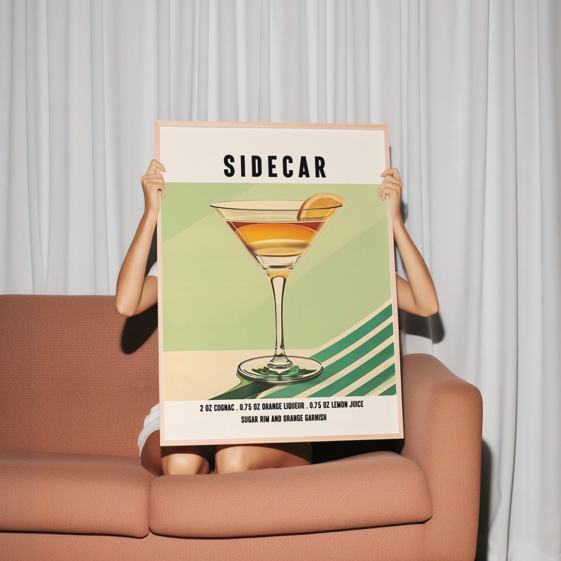 Sidecar Cognac Cocktail Recipe With Sugar Rim In Green Retro Poster - Image 2