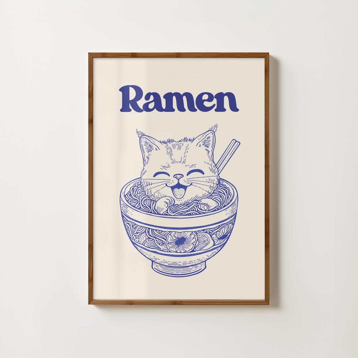 Ramen Cat Playful Blue Line Illustration Kitchen Noodle Bowl Poster