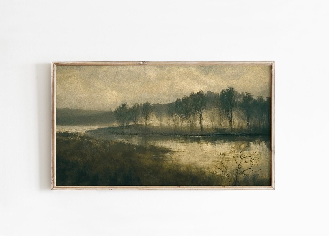 Moody Winter Lake Landscape Painting Dark Misty Trees Shore Poster - Image 4